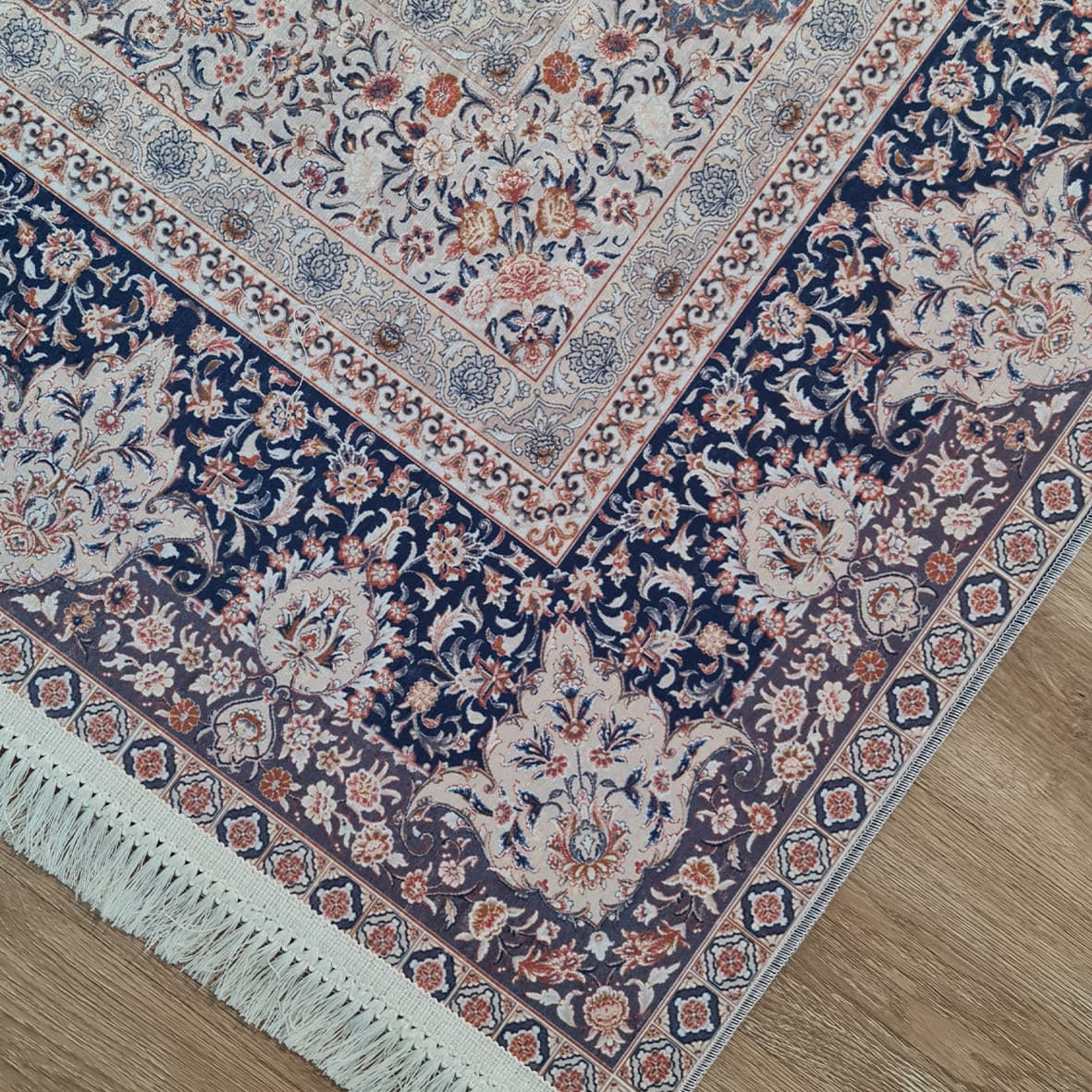 فرش ماشینی چاپی | فرشینه مخمل هازان ترک استپ دار (ضد سر) طرح سنتی کد L208 — تصویر ۳