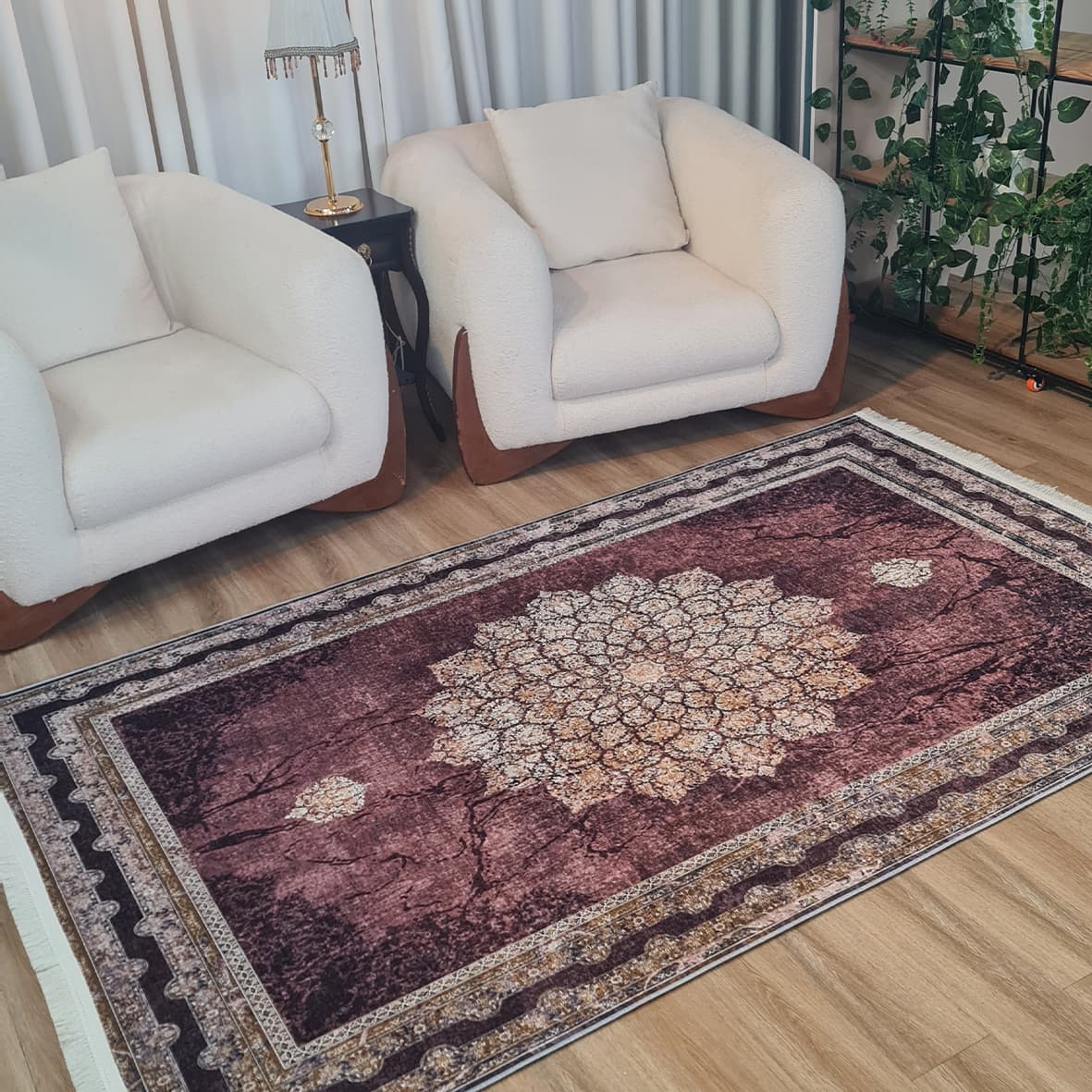 فرش ماشینی چاپی | فرشینه مخمل هازان ترک استپ دار (ضد سر) طرح سنتی کد L319 — تصویر ۱۲