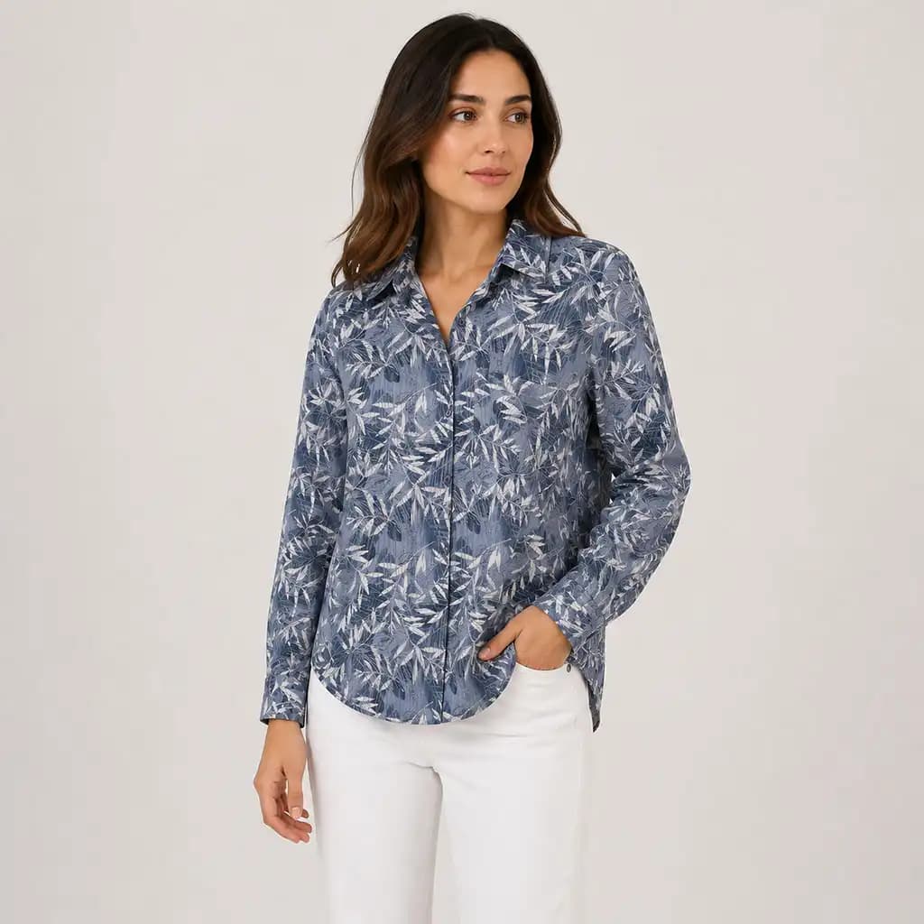 شومیز لینن زنانه طرح برگ آبی ZARA — تصویر ۶