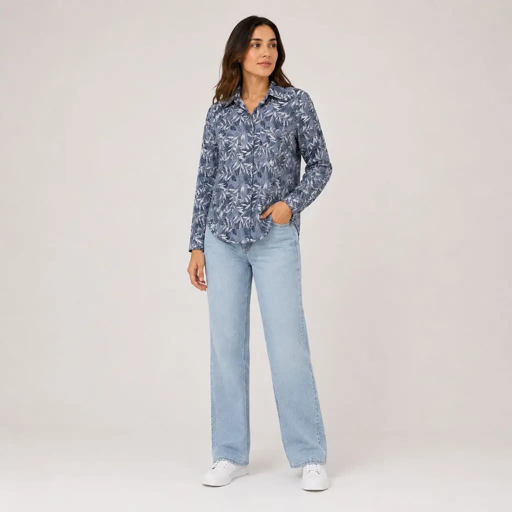 شومیز لینن زنانه طرح برگ آبی ZARA — تصویر ۳