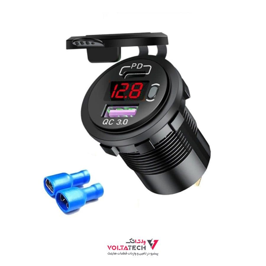 شارژر USB خودرویی روپنلی گرد آبی QC3.0 + Type-C با نمایشگر ولتاژ و کلید ON/OFF — تصویر ۸