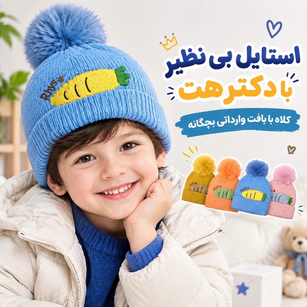 کلاه بافت وارداتی بچگانه پوم پوم دار