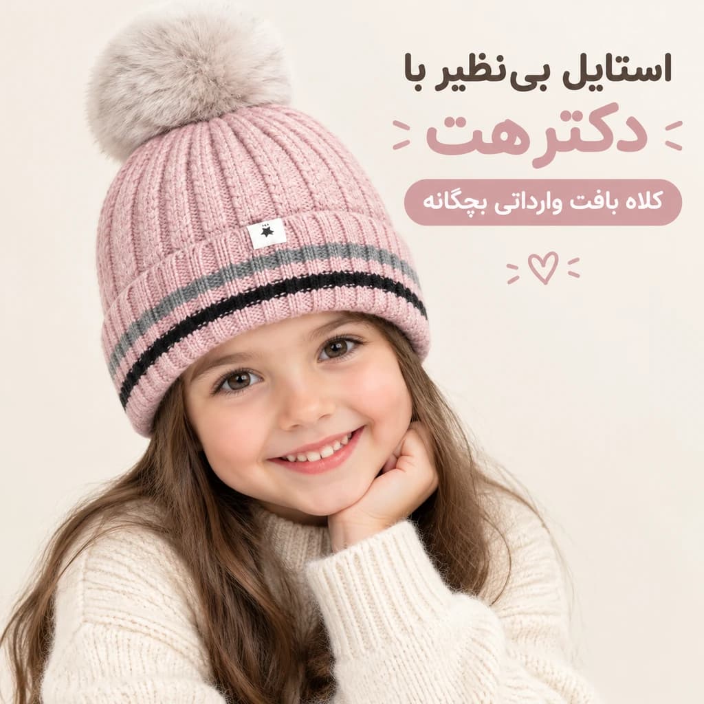 کلاه بافت وارداتی بچگانه داخل خز مدل پوم پومی
