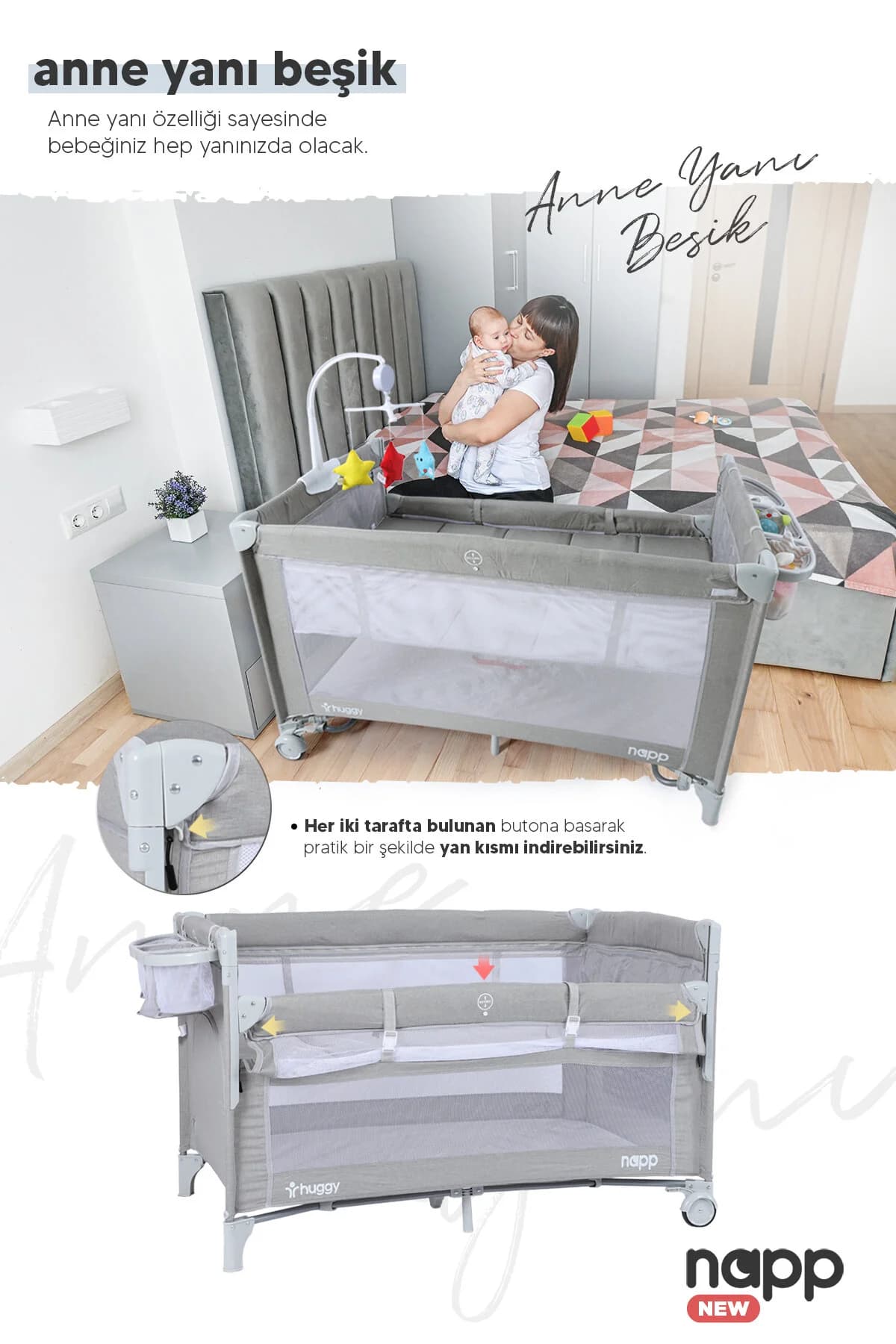 تخت پارک و بازی کودک هوگی Huggy Napp 6 In 1، 70×120 XL، قهوه‌ای یونیسکس 25 Kg — تصویر ۴