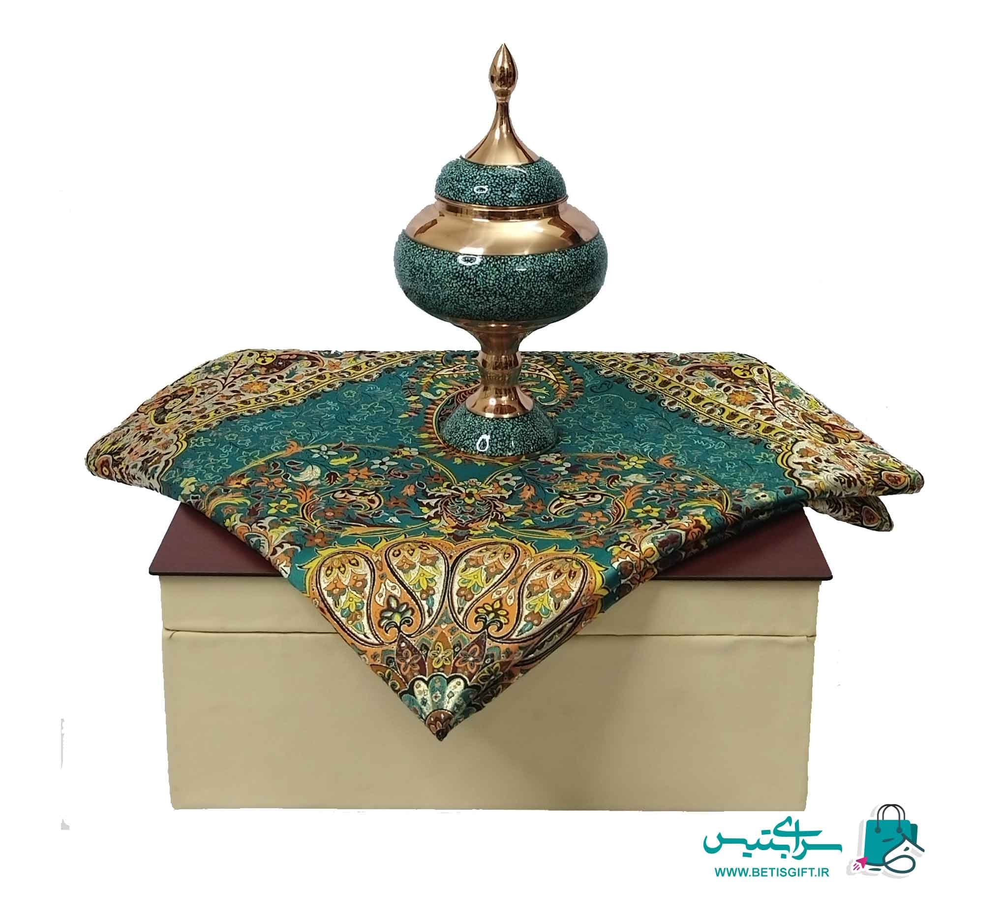 ست هدیه شکلات خوری فیروزه کوب و رومیزی ترمه یزد