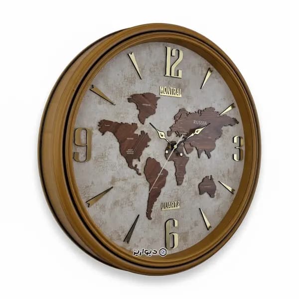 ساعت دیواری مونترال 310 قطر 60 سانت | نقشه جهان چوبی — تصویر ۲