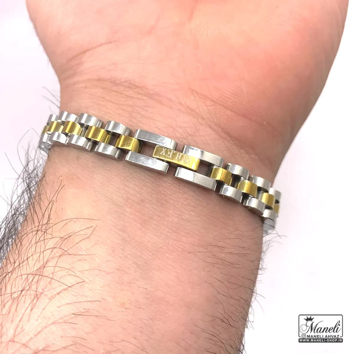 دستبند رولکس پلاک دار طلایی نقره ای | 8 میل – رنگ ثابت — تصویر ۸