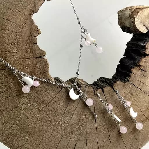 ست گوشواره و گردنبند سنگ رز کوارتز و صدف طبیعی — تصویر ۷