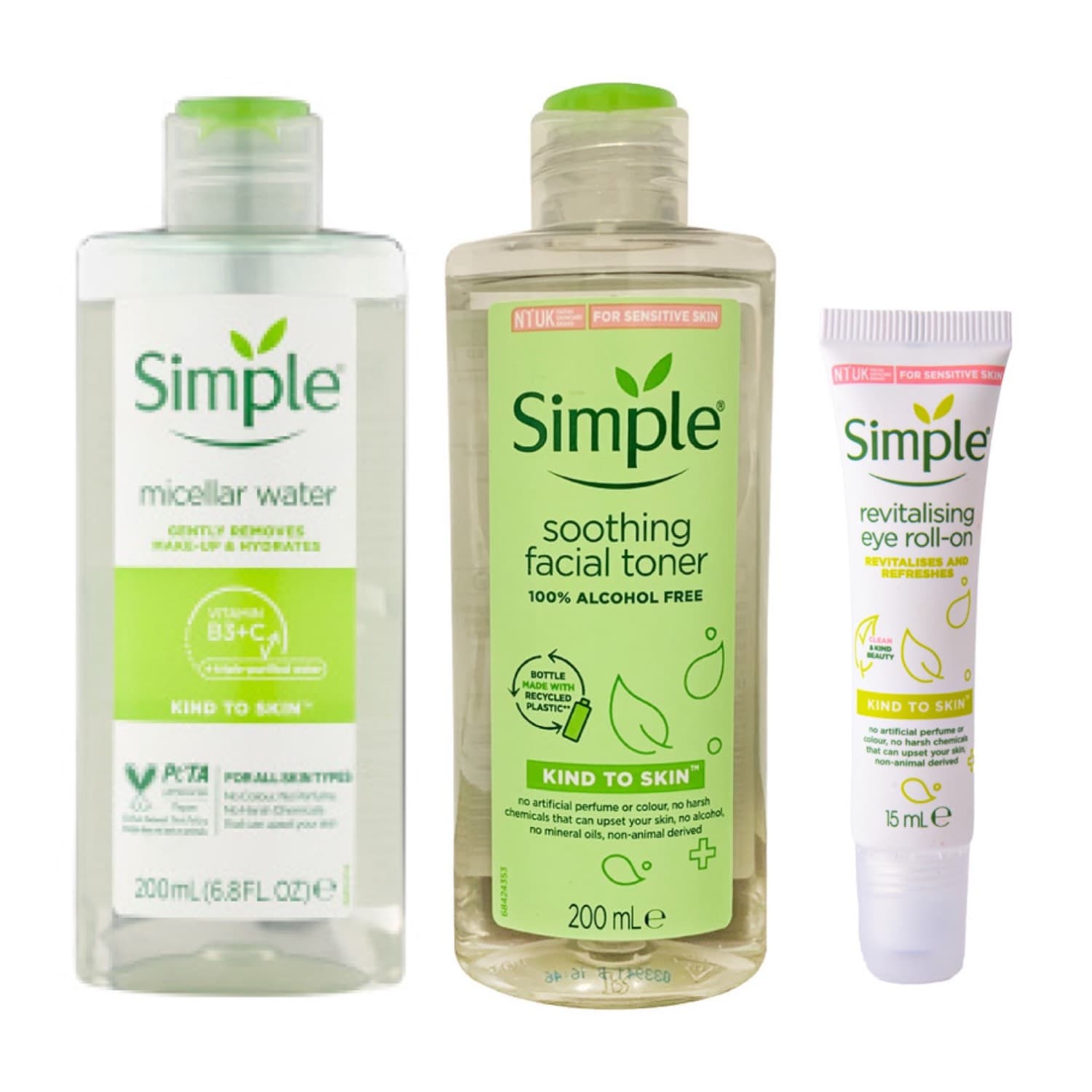 ست میسلار واتر micellar water ،کرم دور چشم رولی احیا کننده revitalising و تونر تسکین دهنده soothing سیمپل Simple — تصویر ۲