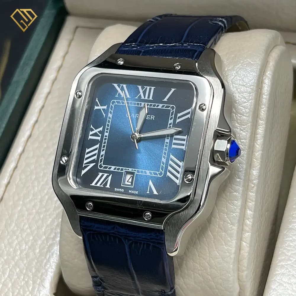 ساعت مچی مردانه لوکس کارتیه د سانتوس Cartier De Santos XL سرمهای | بند چرم، مستر کوالیتی، گارانتی دار — تصویر ۶