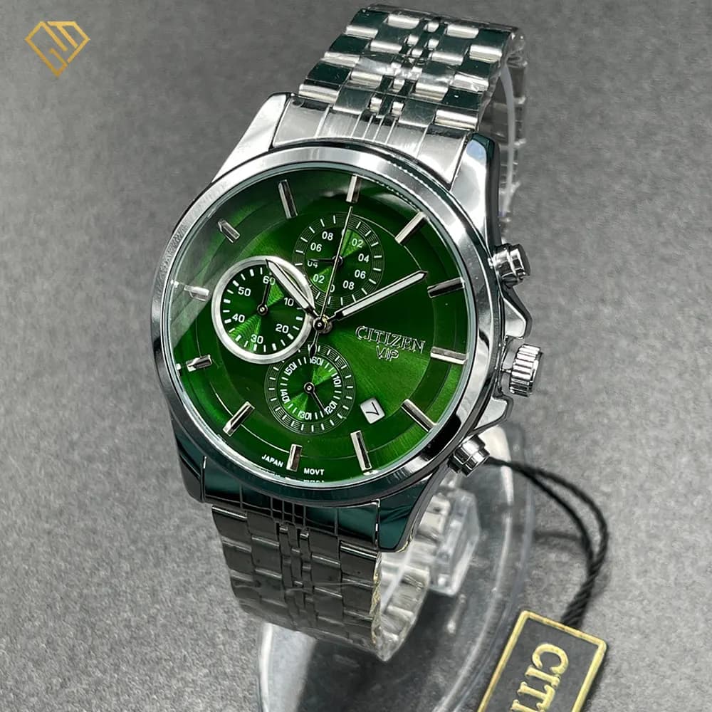 ساعت مردانه سیتیزن VIP، سه موتوره فعال، صفحه سبز زمردی و بند استیل نقرهای — تصویر ۳