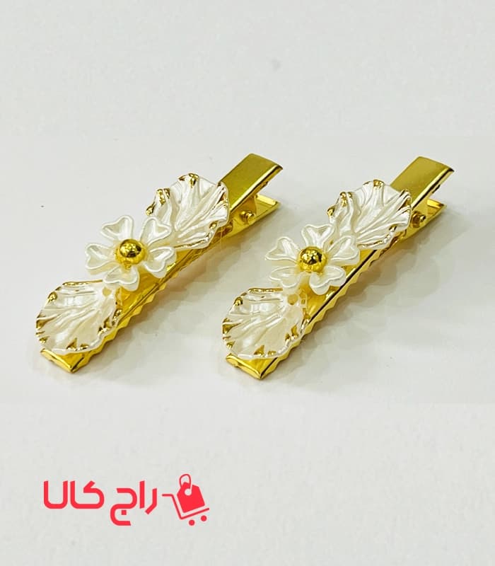 گیره مو انبری گل و برگ سفید صدفی جفتی