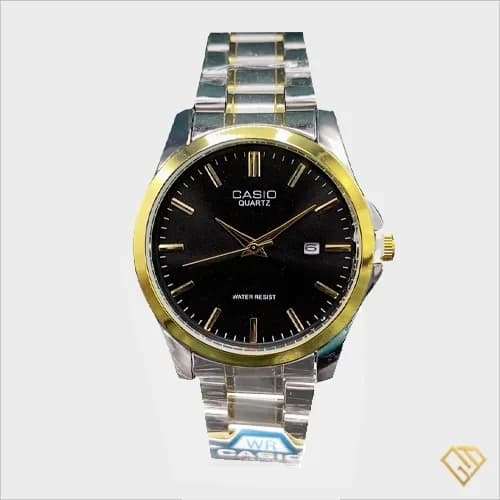 ساعت مردانه کاسیو مدل mtp-1199 صفحه مشکی و بند نقره طلایی | مدل معروف کاسیو گادفادر