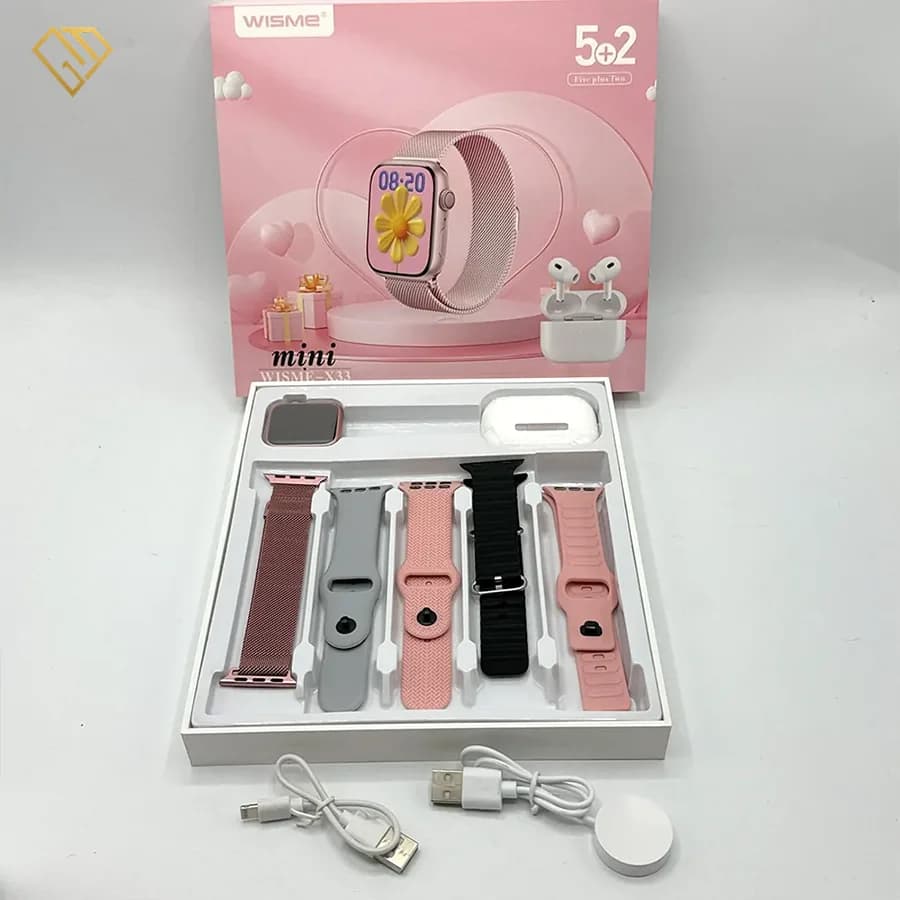 ساعت هوشمند 41 میلی متری ویسمی مدل X33 MINI، فریم صورتی همراه با هدفون و دو بند — تصویر ۸