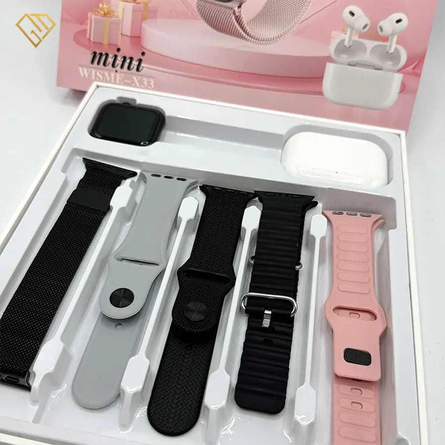 ساعت هوشمند 41 میلی متری ویسمی مدل X33 MINI، فریم صورتی همراه با هدفون و دو بند — تصویر ۴