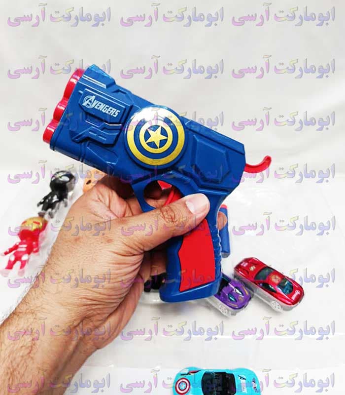 پک 8 تایپی فیگور شخصیت های اونجرز(انتقام جویان) بهمراه ۳ عدد ماشین کوچک فلزی و تفنگ تیر ابری پرتاب کن — تصویر ۴