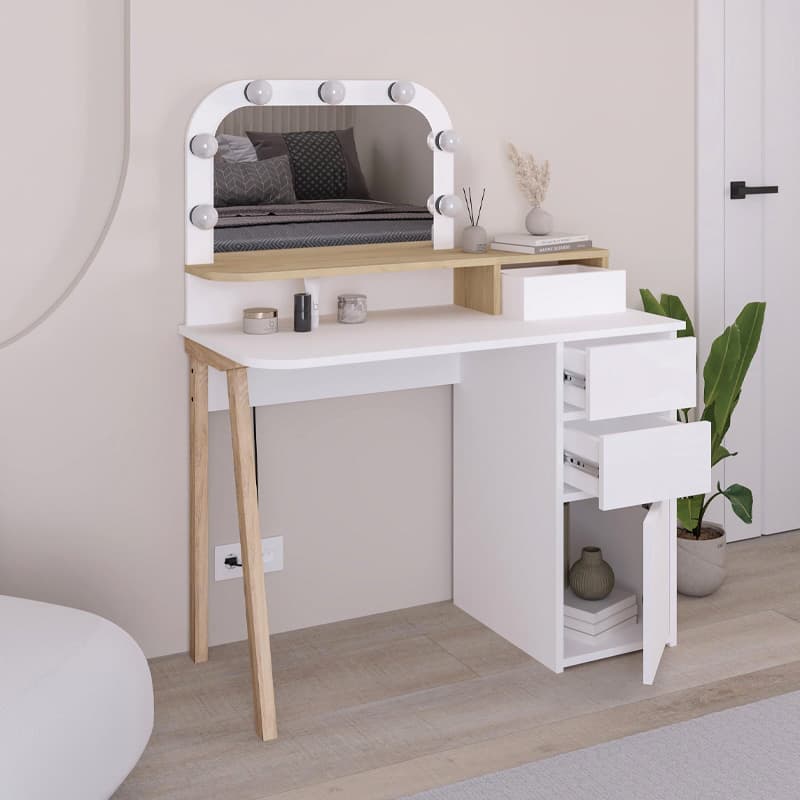 میز آرایش MDF مدل Avien با ال‌ای‌دی روشن سفید – رنگ بلوط 105×51.1×131 سانتی‌متر — تصویر ۱۰