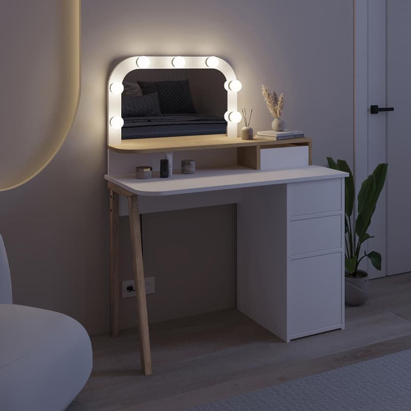 میز آرایش MDF مدل Avien با ال‌ای‌دی روشن سفید – رنگ بلوط 105×51.1×131 سانتی‌متر — تصویر ۵