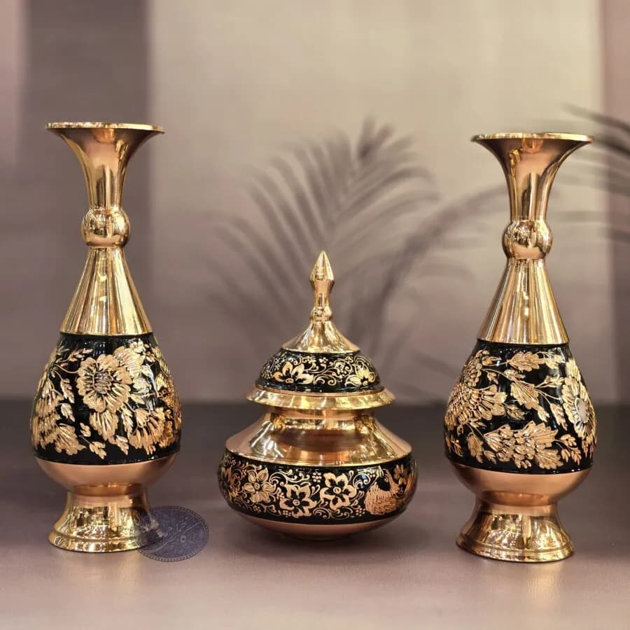 ست گلدان 25 و قندان دخلی کوچک مس و تراش کاظمی