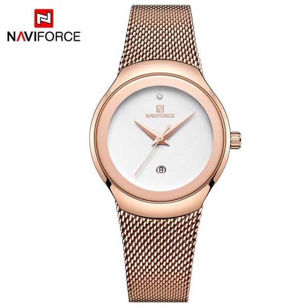 ساعت مچی زنانه نیوی فورس NF5004 رزگلد صفحه سفید بند حصیری