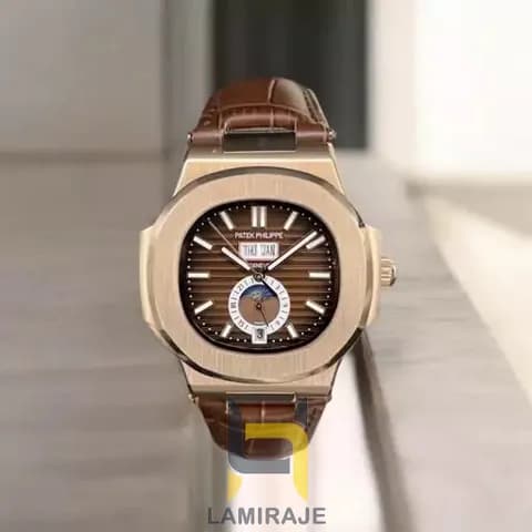 ساعت مردانه پتک فیلیپ ناتیلوس پتک فیلیپ Nautilus رزگلد، صفحه قهوه‌ای بند چرمی — تصویر ۹