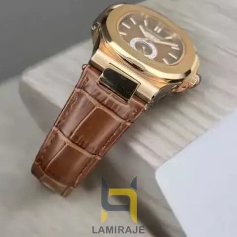 ساعت مردانه پتک فیلیپ ناتیلوس پتک فیلیپ Nautilus رزگلد، صفحه قهوه‌ای بند چرمی — تصویر ۷