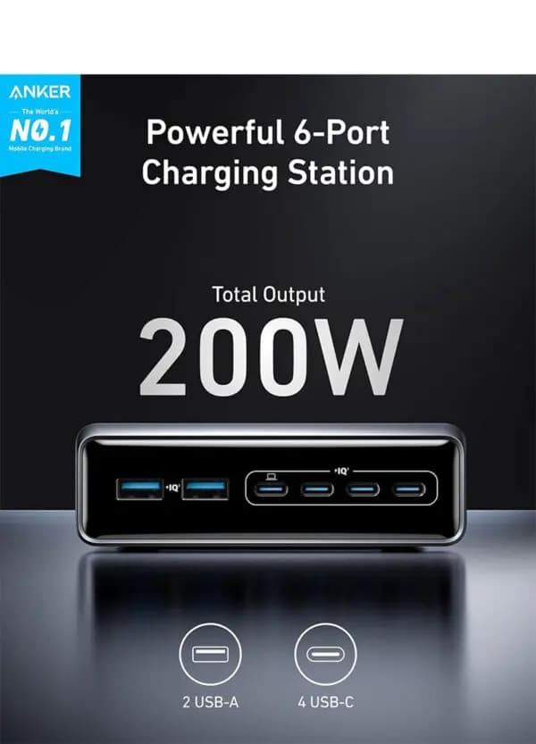 هاب شارژ ۶ پورت انکر ANKER 200W 6 Port GaN Charging Station مدل A2683 — تصویر ۲