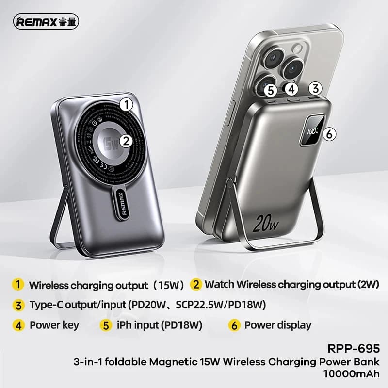 پاوربانک بی‌سیم ریمکس REMAX مدل RPP-695 ظرفیت 10000 — تصویر ۵