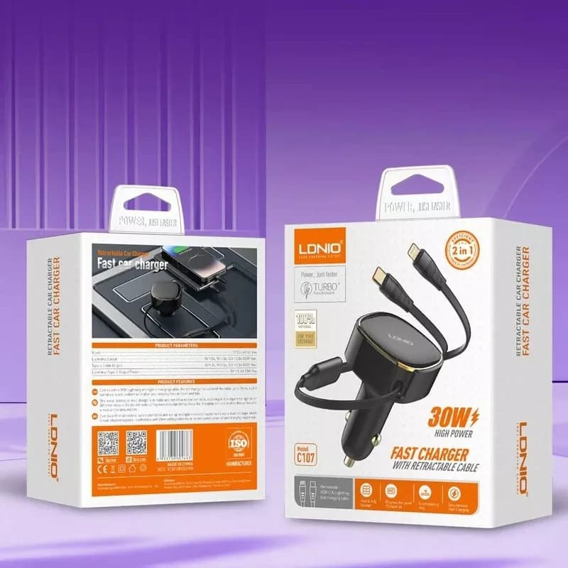 شارژر فندکی الدینیو LDNIO C107 با کابل جمع‌شونده توان 30 وات — تصویر ۴