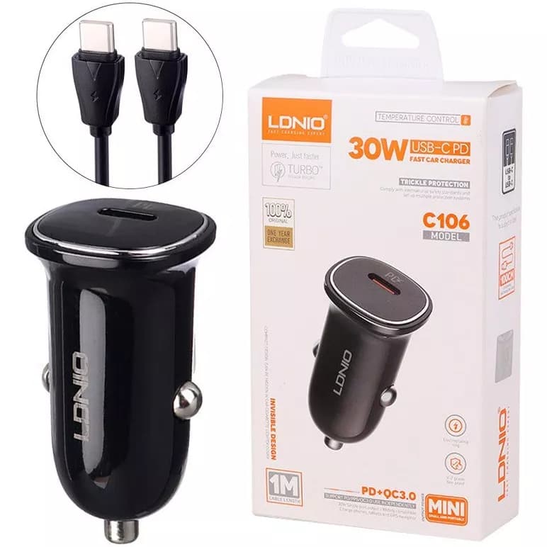 شارژر فندکی الدینیو LDNIO C106 همراه کابل Type-C توان 30 وات — تصویر ۴