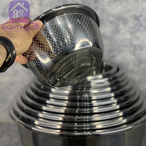 ست ۱۱ پارچه آبکش استیل یونیک | ضدزنگ و آهنربا نگیر | آبکش و لگن استیل آشپزخانه — تصویر ۹