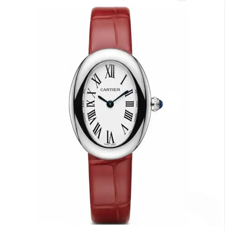 ساعت مچی زنانه کارتیر باگنور بند چرم رنگ قرمز آلبالویی Cartier Baignoire Cherry Red Letter