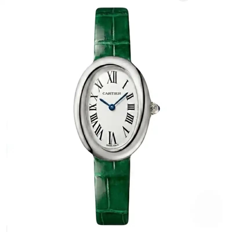 ساعت مچی زنانه کارتیر باگنور بند چرم رنگ سبز Cartier Baignoire Green Letter