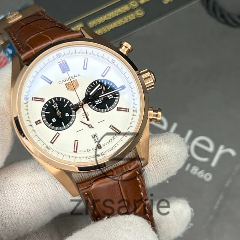 ساعت مچی مردانه تگ هویر سه موتور کرنوگراف رزگلد صفحه سفید Tag Heuer Roz Gold white screen — تصویر ۴