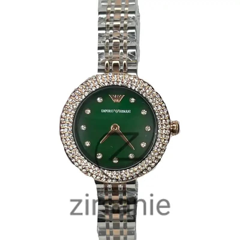 ساعت مچی زنانه امپریو آرمانی نگین دار قاب نگین مخراج رزگلد صفحه سبز Emporio Armani green screen