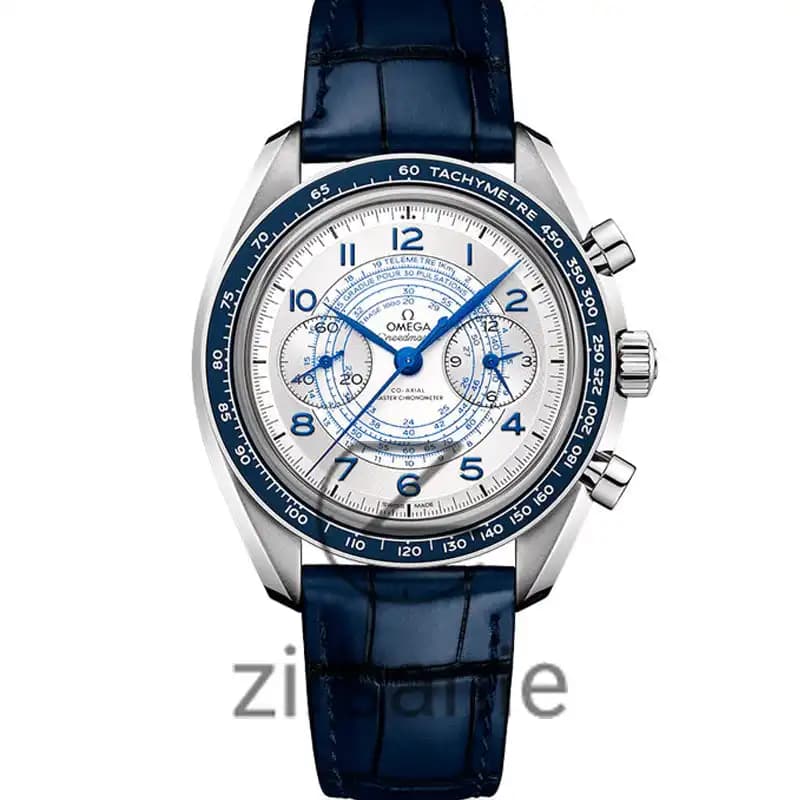ساعت مچی مردانه امگا اسپید مستر کرنوگراف آبی صفحه سفیدبند چرم Omega Speedmaster Chronograph Blue white Screen Leather Strap — تصویر ۹