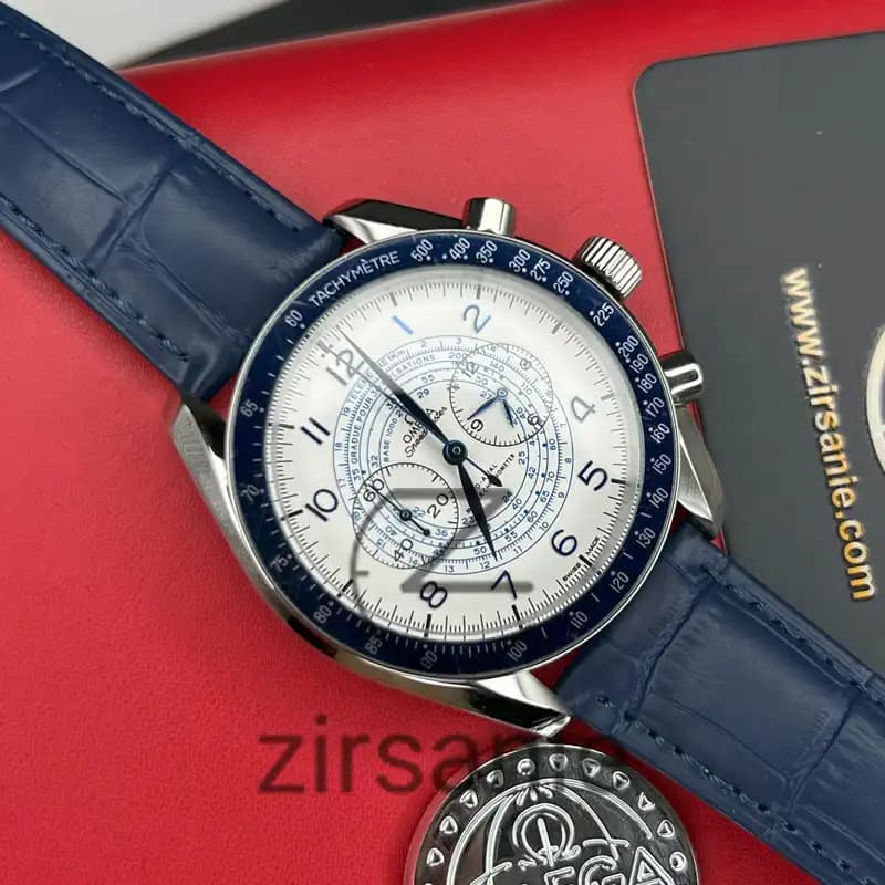 ساعت مچی مردانه امگا اسپید مستر کرنوگراف آبی صفحه سفیدبند چرم Omega Speedmaster Chronograph Blue white Screen Leather Strap — تصویر ۱۰
