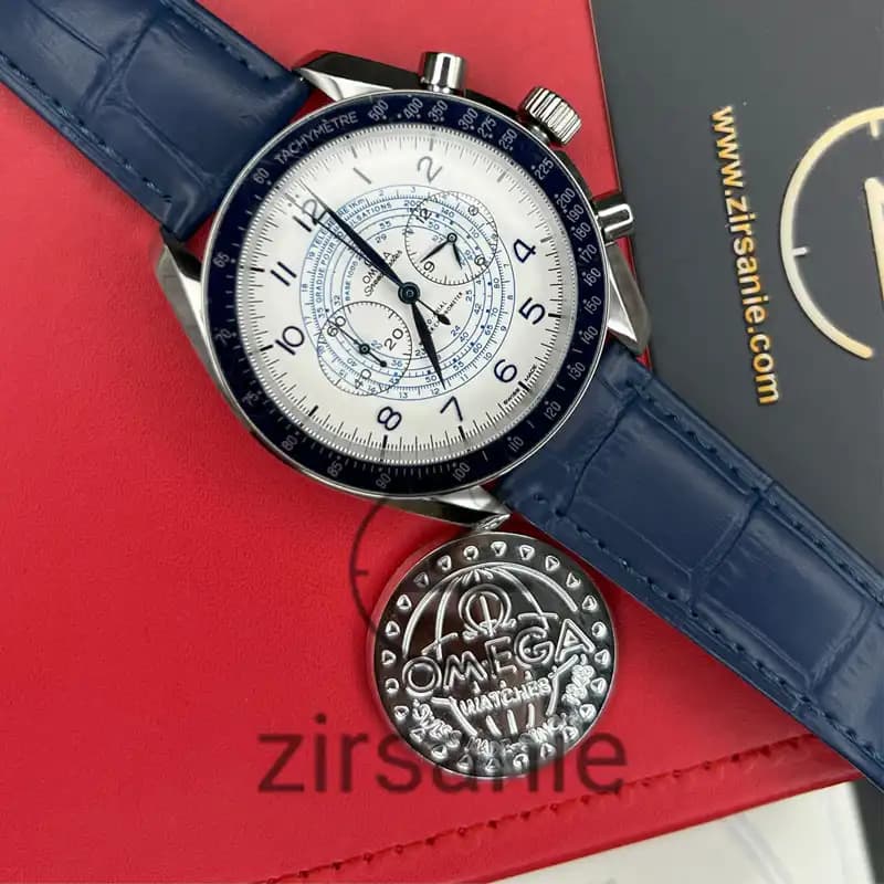 ساعت مچی مردانه امگا اسپید مستر کرنوگراف آبی صفحه سفیدبند چرم Omega Speedmaster Chronograph Blue white Screen Leather Strap — تصویر ۴