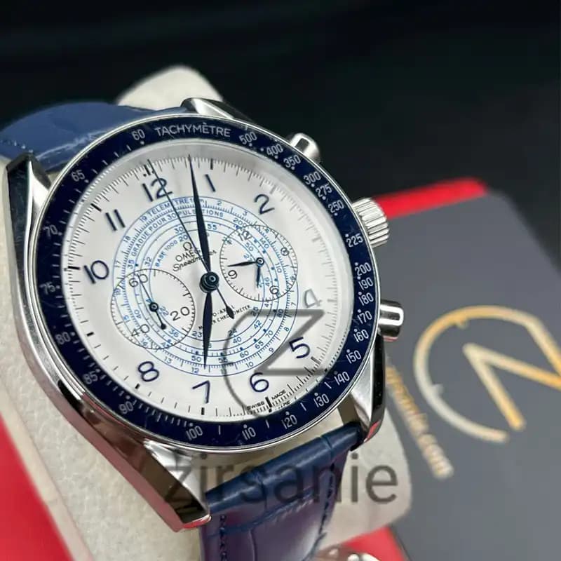ساعت مچی مردانه امگا اسپید مستر کرنوگراف آبی صفحه سفیدبند چرم Omega Speedmaster Chronograph Blue white Screen Leather Strap — تصویر ۶