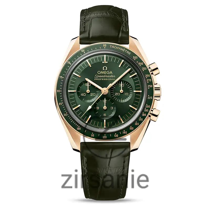 ساعت مچی مردانه امگا اسپید مستر کرنوگراف طلایی صفحه سبز بند چرم Omega Speedmaster Chronograph Golden Green Screen Leather Strap