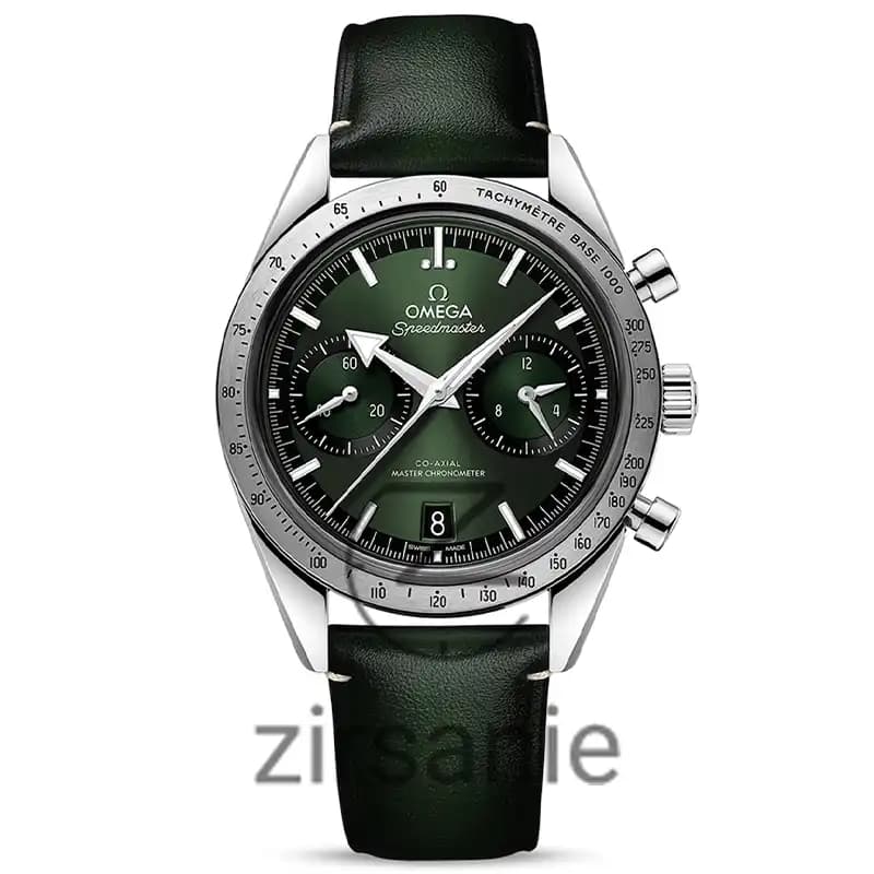 ساعت مچی مردانه امگا اسپید مستر کرنوگراف سیلور صفحه سبز بند چرم Omega Speedmaster Chronograph Silver Green Screen Leather Strap