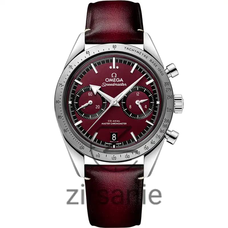 ساعت مچی مردانه امگا اسپید مستر کرنوگراف سیلور صفحه زرشکی بند چرم Omega Speedmaster Chronograph Silver Crimson Screen Leather Strap — تصویر ۹