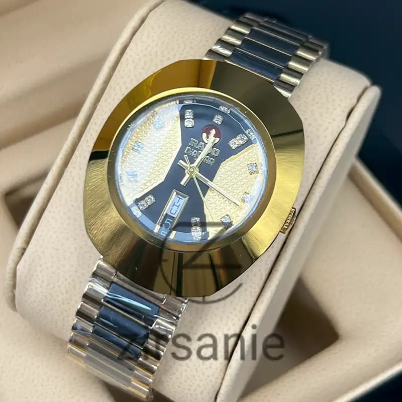 ساعت مچی مردانه رادو تخم مرغی اتومات طلایی وسط مشکی Rado Diastar Automatic Golden Center Black — تصویر ۳