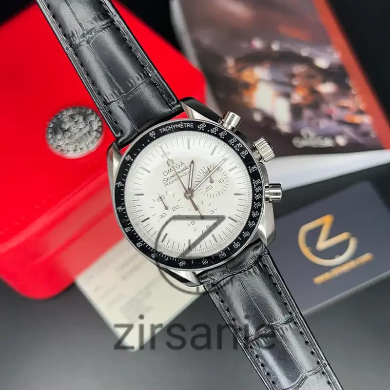 ساعت مچی مردانه امگا اسپید مستر بند چرم مشکی سفید Omega SpeedMaster Leather Strap Black White — تصویر ۸