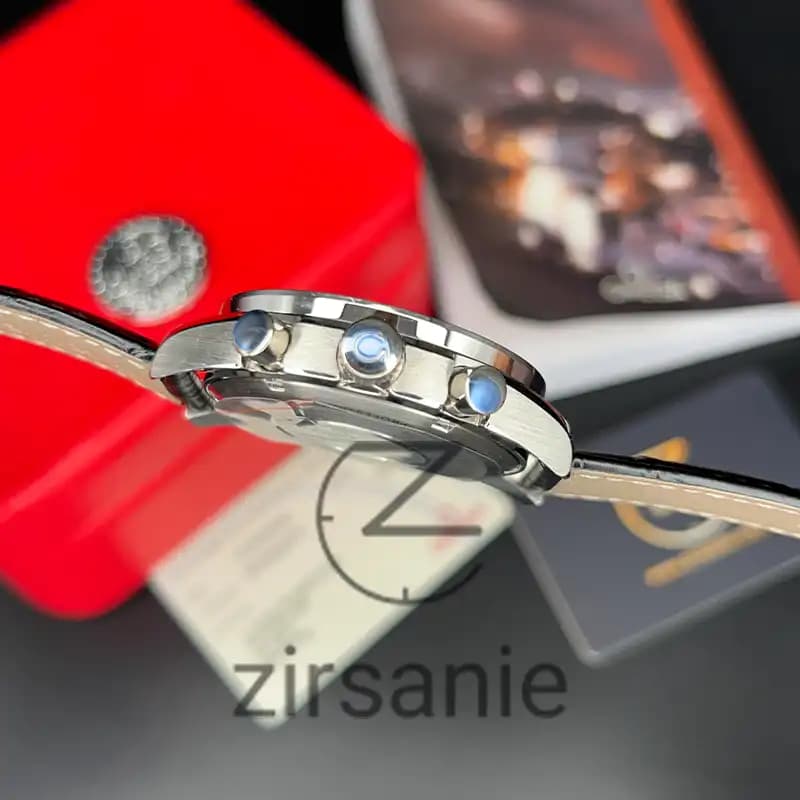 ساعت مچی مردانه امگا اسپید مستر بند چرم مشکی سفید Omega SpeedMaster Leather Strap Black White — تصویر ۱۱