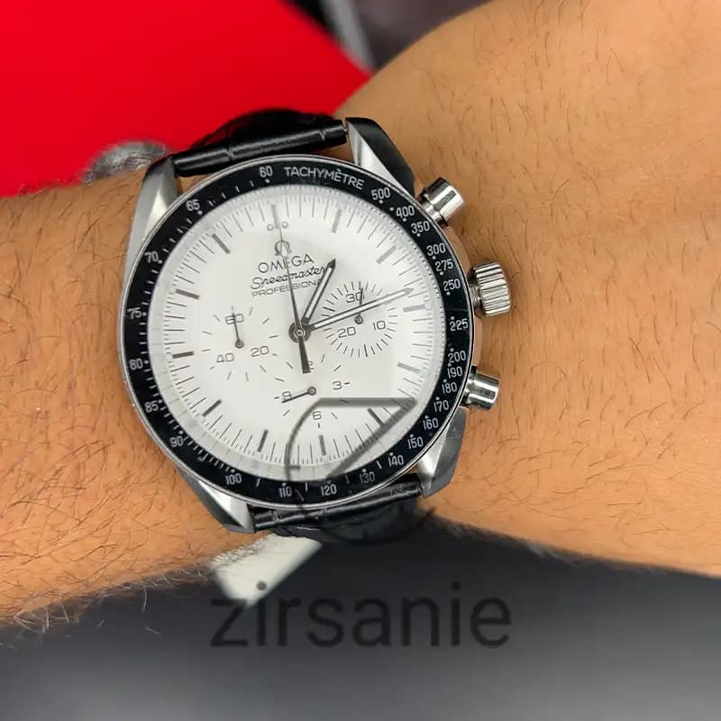 ساعت مچی مردانه امگا اسپید مستر بند چرم مشکی سفید Omega SpeedMaster Leather Strap Black White — تصویر ۶