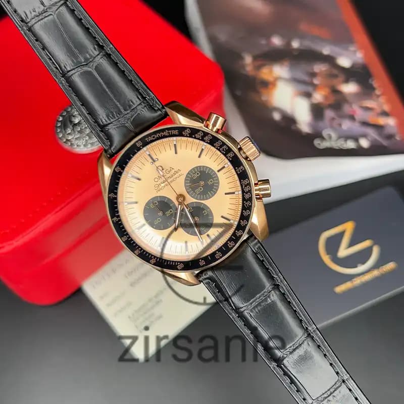 ساعت مچی مردانه امگا اسپید مستر بند چرم مشکی رزگلد Omega SpeedMaster Leather Strap Black RoseGold — تصویر ۸