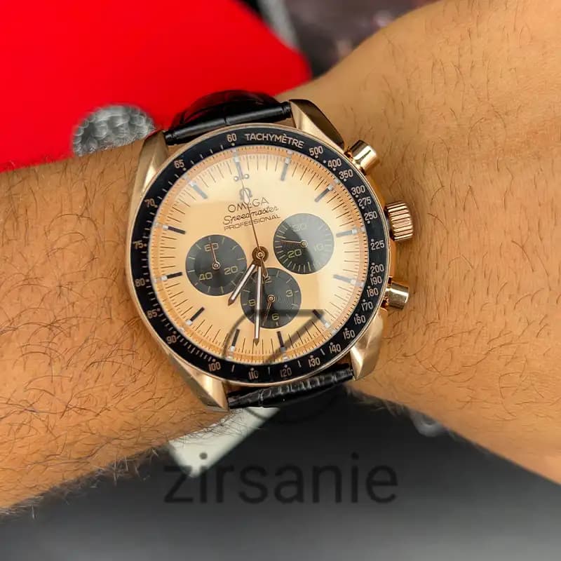 ساعت مچی مردانه امگا اسپید مستر بند چرم مشکی رزگلد Omega SpeedMaster Leather Strap Black RoseGold — تصویر ۱۲