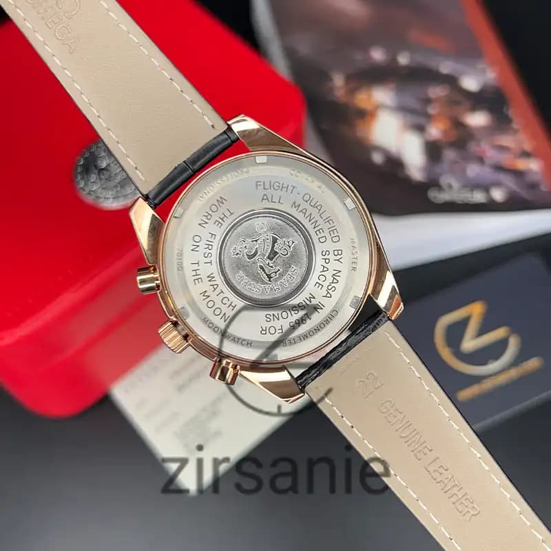 ساعت مچی مردانه امگا اسپید مستر بند چرم مشکی رزگلد Omega SpeedMaster Leather Strap Black RoseGold — تصویر ۹