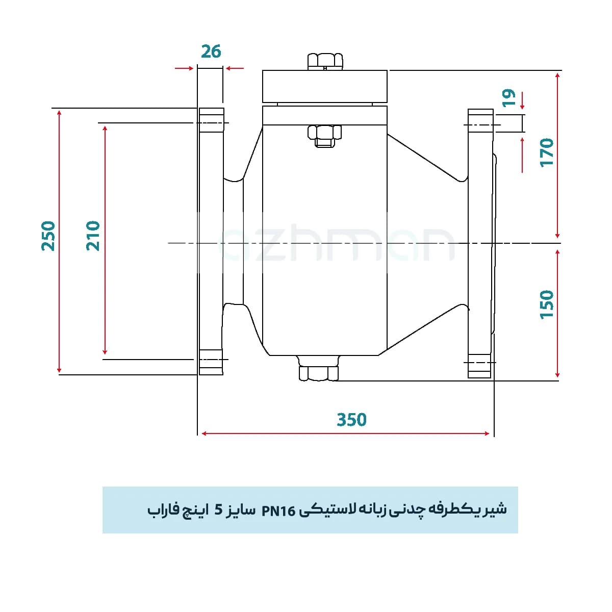 شیر یکطرفه زبانه لاستیکی 5 اینچ PN16 چدنی فاراب — تصویر ۶